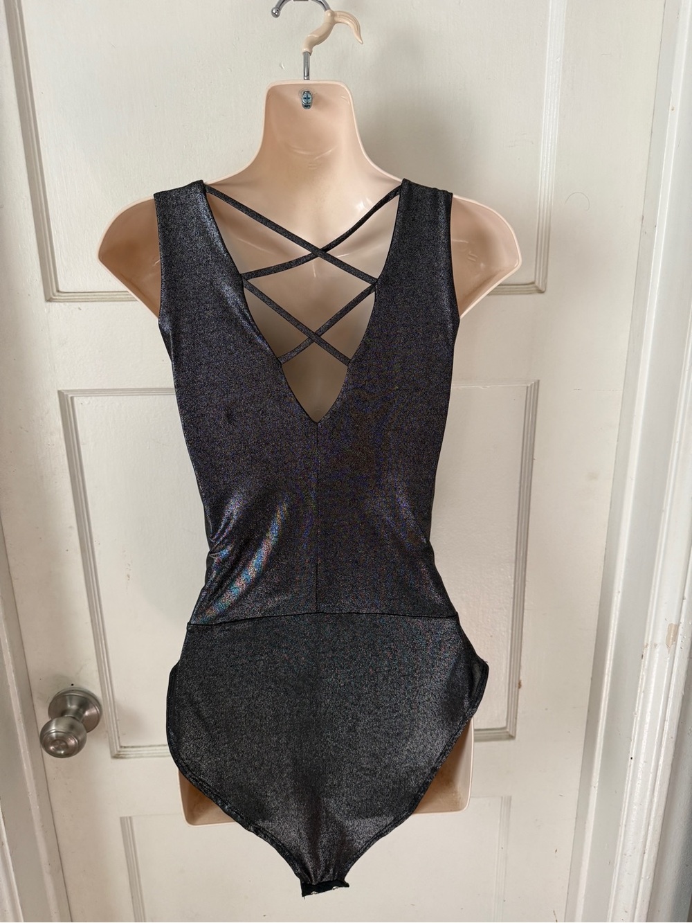 Sleek Black Shimmer V-Neck Bodysuit - Picture 2 of 5
